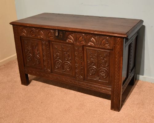 CHARLES II CARVED OAK THREE PANELLED COFFER - ADDITIONAL PHOTO 2