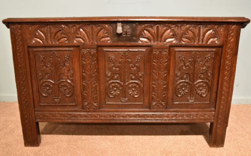 CHARLES II CARVED OAK THREE PANELLED COFFER - ADDITIONAL PHOTO 3