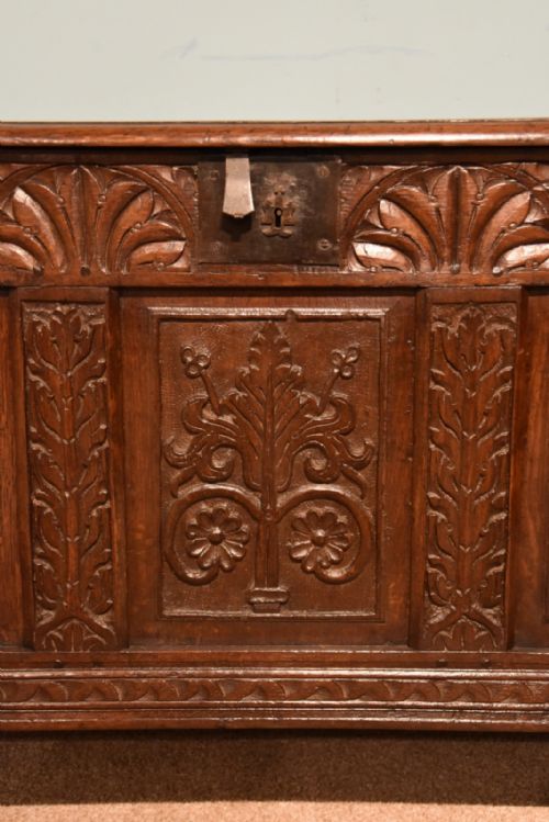 CHARLES II CARVED OAK THREE PANELLED COFFER - ADDITIONAL PHOTO 4
