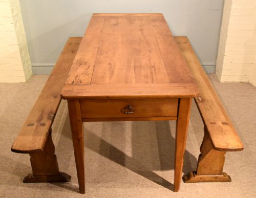 french cherry wood farmhouse table and benches - CATEGORY: ANTIQUE TABLES - DATED 1850