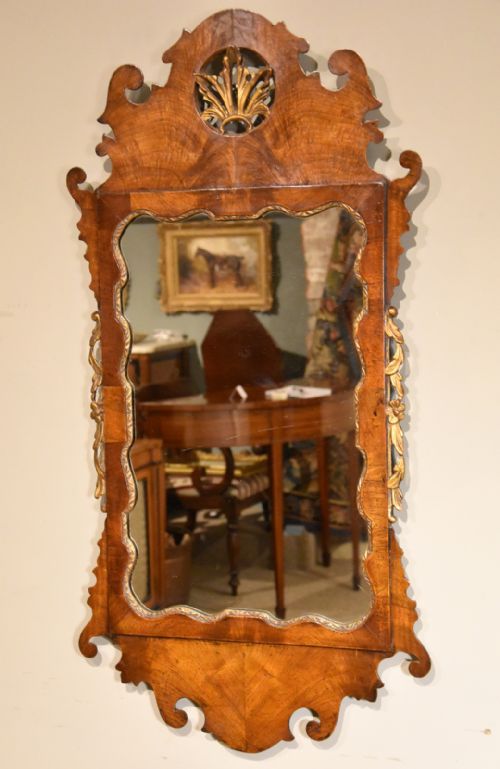 georgian veneered walnut parcel gilt fretwork wall mirror - CATEGORY: ANTIQUE MIRRORS - DATED GEORGIAN