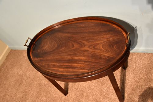 GEORGE III MAHOGANY CROSS BANDED OVAL TRAY ON STAND - ADDITIONAL PHOTO 3