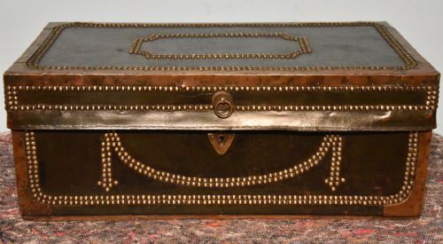 19th century green leather brass studded coaching trunk - CATEGORY: ANTIQUE CHESTS - DATED 19TH CENTURY