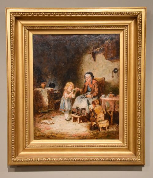 oil painting by mark william langlois reading to grandma - CATEGORY: ANTIQUE ART - DATED 19TH CENTURY
