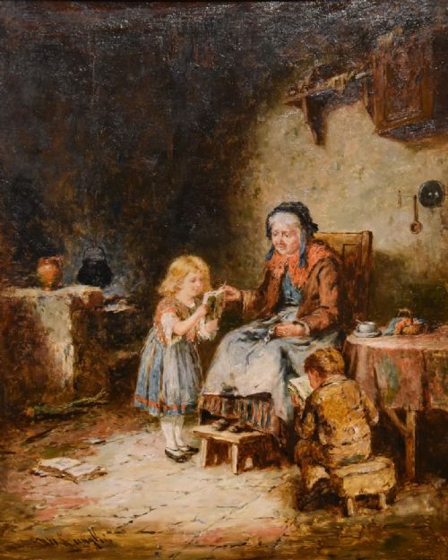 OIL PAINTING BY MARK WILLIAM LANGLOIS READING TO GRANDMA - ADDITIONAL PHOTO 1