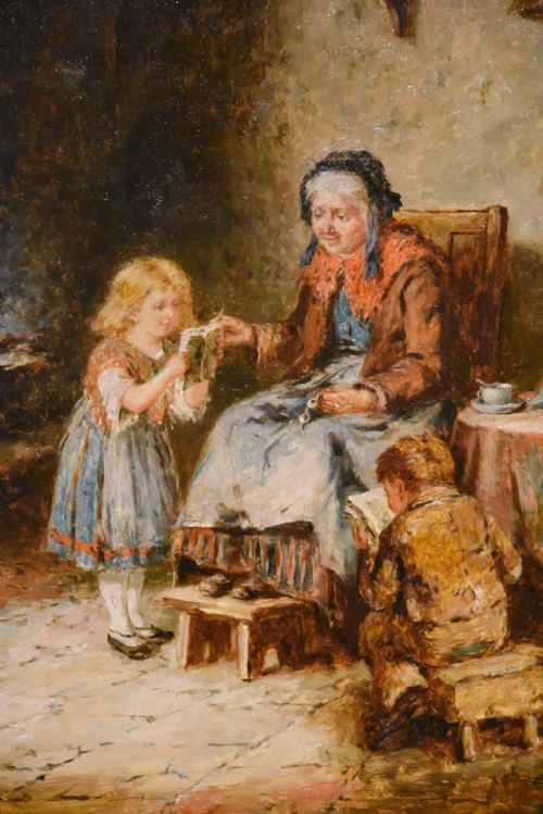 OIL PAINTING BY MARK WILLIAM LANGLOIS READING TO GRANDMA - ADDITIONAL PHOTO 2