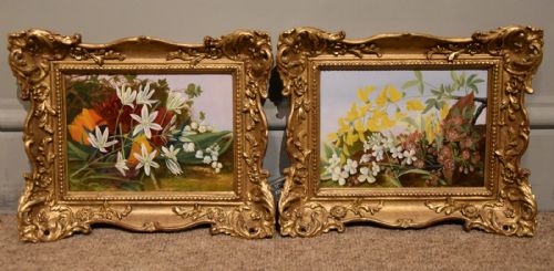 oil painting by sophie marr pair tulips and hawthorn - CATEGORY: ANTIQUE ART - DATED 19TH CENTURY