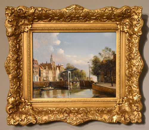 oil painting by george jan dispo an amsterdam swing bridge - CATEGORY: ANTIQUE ART - DATED 1950