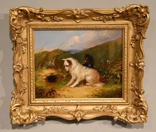 oil painting by j langlois rabbiting - CATEGORY: ANTIQUE ART - DATED 1880