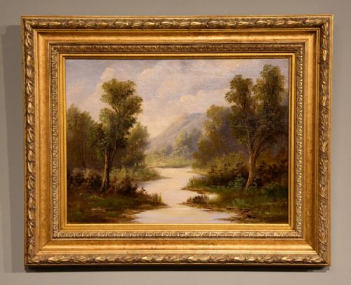 oil painting by a auguste a tranquil river landscape - CATEGORY: ANTIQUE ART - DATED 1900