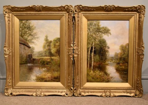 oil painting by john bonny swans on the water ducks on the mill - CATEGORY: ANTIQUE ART - DATED 19TH CENTURY