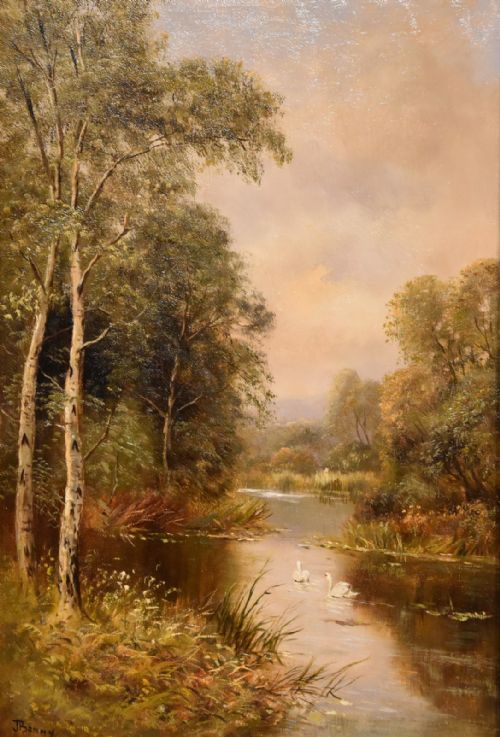 OIL PAINTING BY JOHN BONNY SWANS ON THE WATER DUCKS ON THE MILL - ADDITIONAL PHOTO 5