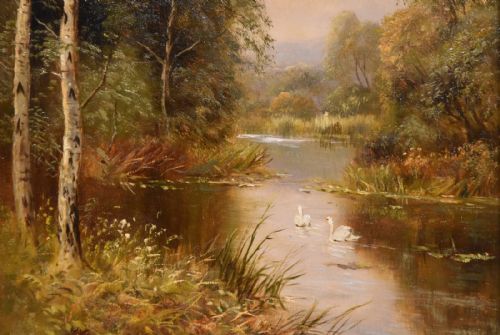 OIL PAINTING BY JOHN BONNY SWANS ON THE WATER DUCKS ON THE MILL - ADDITIONAL PHOTO 6