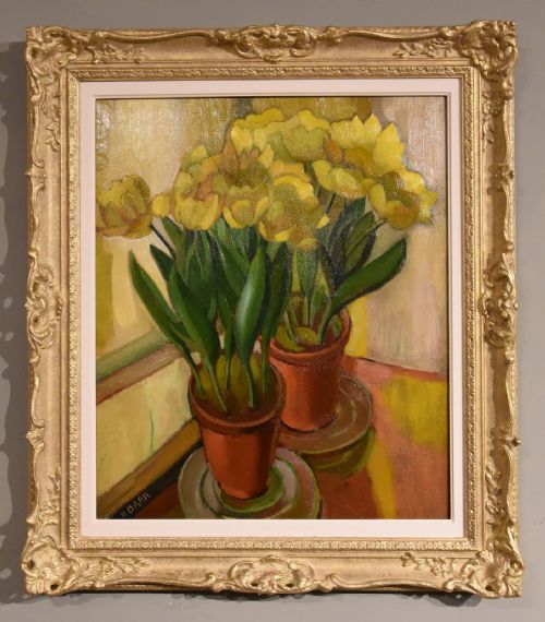 oil painting by harry barr yellow tulips - CATEGORY: ANTIQUE ART - DATED 1940