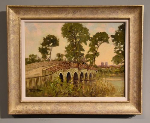 oil painting by godwin bennett winbourne from the bridge dorset - CATEGORY: ANTIQUE ART - DATED 19TH CENTURY