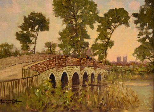 OIL PAINTING BY GODWIN BENNETT WINBOURNE FROM THE BRIDGE DORSET - ADDITIONAL PHOTO 1