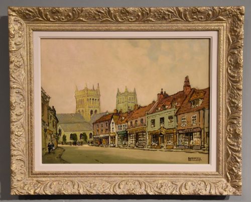 oil painting by godwin bennett high street wimborne - CATEGORY: ANTIQUE ART - DATED 1930