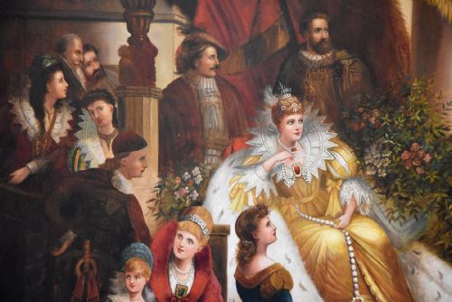 OIL PAINTING BY JACK LEIGH WARDLEWORTH SIR WALTER RALEIGH REGALING QUEEN ELIZABETH WITH TALES OF THE NEW WORLD - ADDITIONAL PHOTO 3