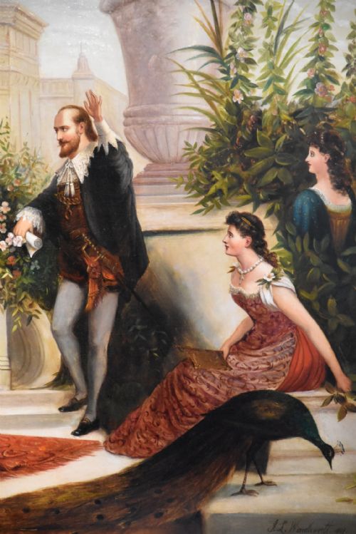 OIL PAINTING BY JACK LEIGH WARDLEWORTH SIR WALTER RALEIGH REGALING QUEEN ELIZABETH WITH TALES OF THE NEW WORLD - ADDITIONAL PHOTO 4