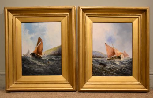 pair oil paintings by george h knight fishing boats off the south coast - CATEGORY: ANTIQUE ART - DATED 1950
