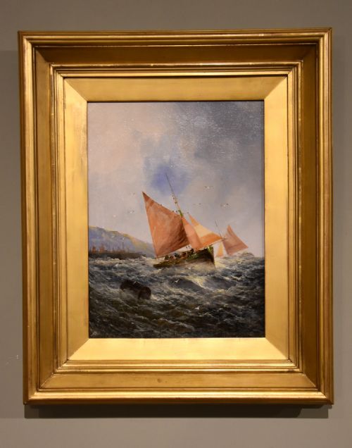 PAIR OIL PAINTINGS BY GEORGE H KNIGHT FISHING BOATS OFF THE SOUTH COAST - ADDITIONAL PHOTO 1