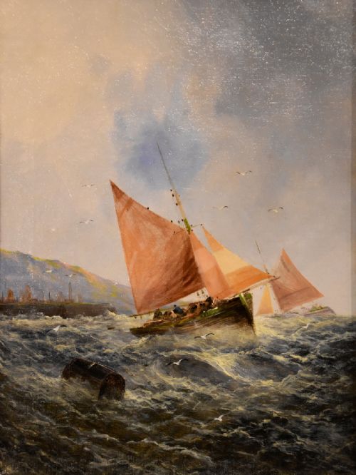 PAIR OIL PAINTINGS BY GEORGE H KNIGHT FISHING BOATS OFF THE SOUTH COAST - ADDITIONAL PHOTO 2