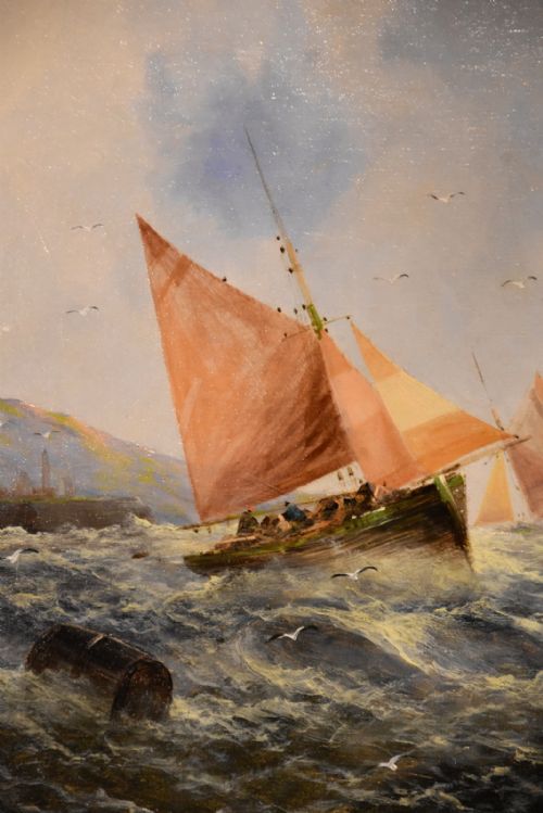 PAIR OIL PAINTINGS BY GEORGE H KNIGHT FISHING BOATS OFF THE SOUTH COAST - ADDITIONAL PHOTO 3