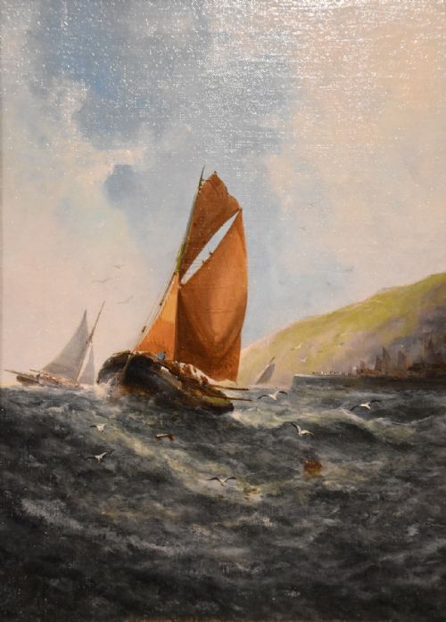 PAIR OIL PAINTINGS BY GEORGE H KNIGHT FISHING BOATS OFF THE SOUTH COAST - ADDITIONAL PHOTO 5