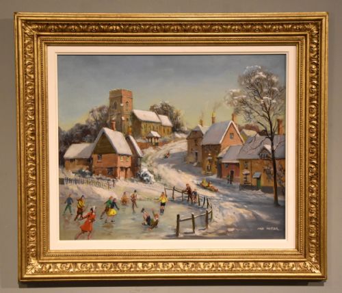 oil painting by max hofler the frozen pond - CATEGORY: ANTIQUE ART - DATED 1930