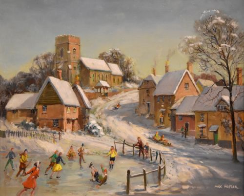 OIL PAINTING BY MAX HOFLER THE FROZEN POND - ADDITIONAL PHOTO 2