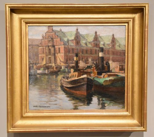 oil painting by axel johansen a busy harbour - CATEGORY: ANTIQUE ART - DATED 1920