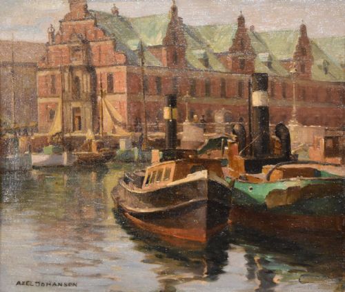 OIL PAINTING BY AXEL JOHANSEN A BUSY HARBOUR - ADDITIONAL PHOTO 1