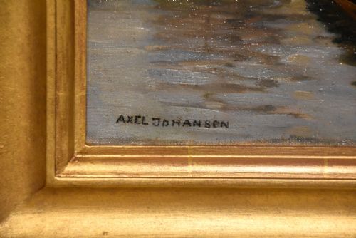OIL PAINTING BY AXEL JOHANSEN A BUSY HARBOUR - ADDITIONAL PHOTO 2
