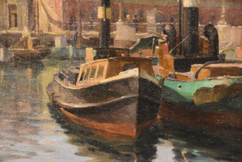 OIL PAINTING BY AXEL JOHANSEN A BUSY HARBOUR - ADDITIONAL PHOTO 3