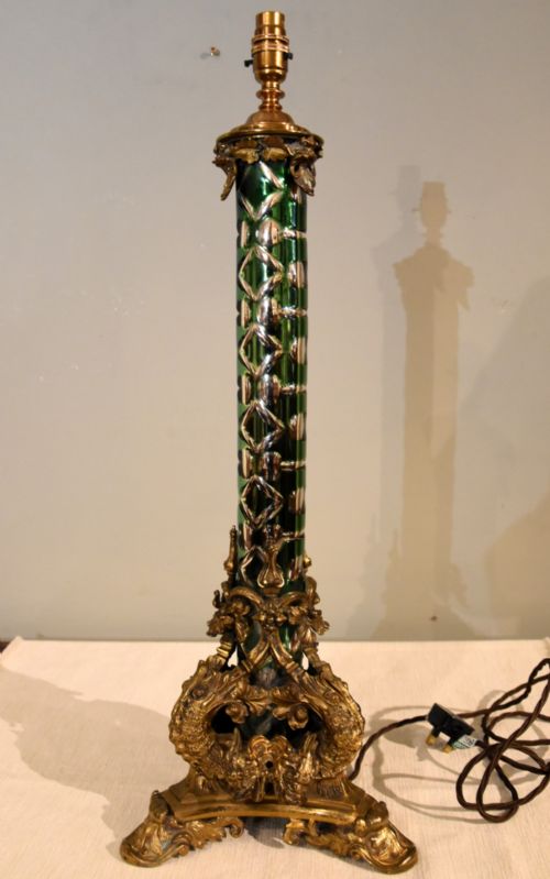 19th century green glass gilt ormolu table lamp - CATEGORY: ANTIQUE LIGHTING - DATED 19TH CENTURY