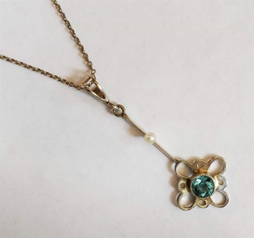 PRETTY EDWARDIAN 14CT GOLD AQUAMARINE NECKLACE PENDANT - ADDITIONAL PHOTO 2