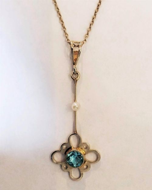 pretty edwardian 14ct gold aquamarine necklace pendant - CATEGORY: ANTIQUE JEWELLERY - DATED 1910