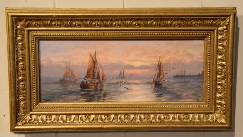 OIL PAINTING PAIR BY THOMAS ROSE MILES MORNING AND EVENING OFF THE EAST COAST - ADDITIONAL PHOTO 1