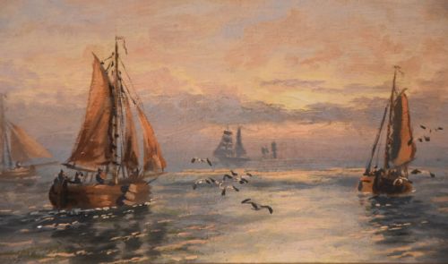 OIL PAINTING PAIR BY THOMAS ROSE MILES MORNING AND EVENING OFF THE EAST COAST - ADDITIONAL PHOTO 2