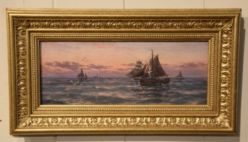 OIL PAINTING PAIR BY THOMAS ROSE MILES MORNING AND EVENING OFF THE EAST COAST - ADDITIONAL PHOTO 3