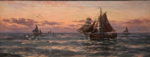 OIL PAINTING PAIR BY THOMAS ROSE MILES MORNING AND EVENING OFF THE EAST COAST - ADDITIONAL PHOTO 4