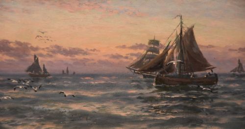 OIL PAINTING PAIR BY THOMAS ROSE MILES MORNING AND EVENING OFF THE EAST COAST - ADDITIONAL PHOTO 5