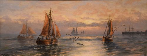 OIL PAINTING PAIR BY THOMAS ROSE MILES MORNING AND EVENING OFF THE EAST COAST - ADDITIONAL PHOTO 6