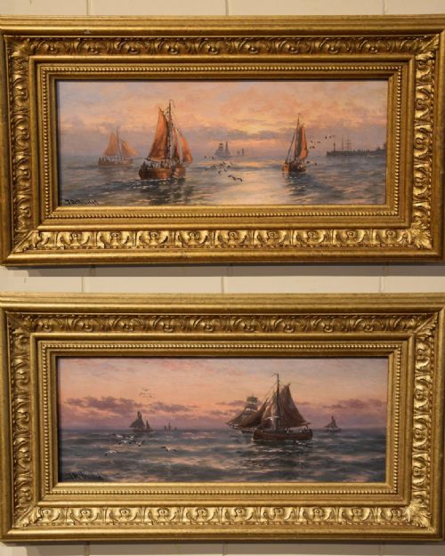 oil painting pair by thomas rose miles morning and evening off the east coast - CATEGORY: ANTIQUE ART - DATED 19TH CENTURY
