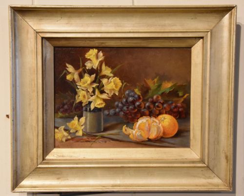oil painting by may gozzard daffodils and oranges - CATEGORY: ANTIQUE ART - DATED 1910