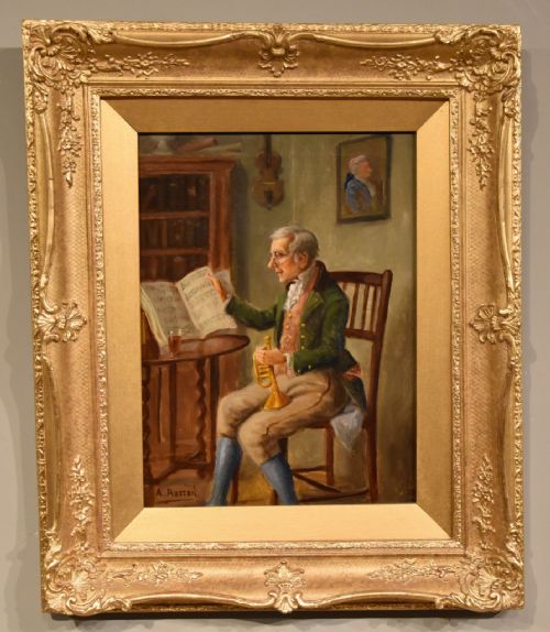 oil painting by alexander austen the trumpet player - CATEGORY: ANTIQUE ART - DATED 19TH CENTURY
