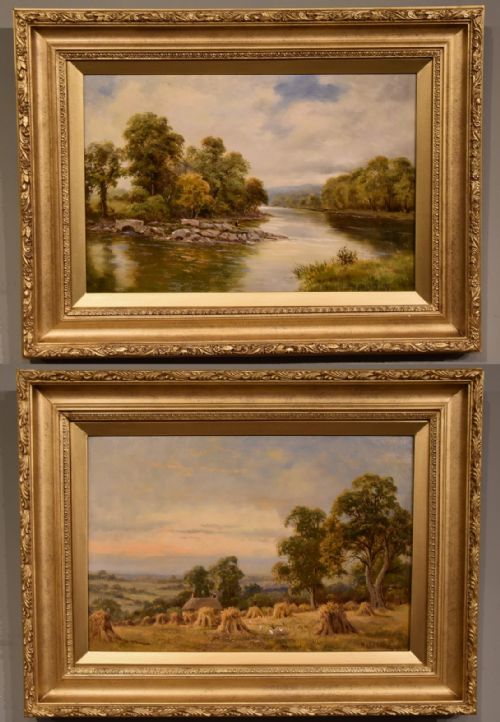 oil painting pair by sidney yates johnson on the river conway north wales and harvesting - CATEGORY: ANTIQUE ART - DATED 19TH CENTURY