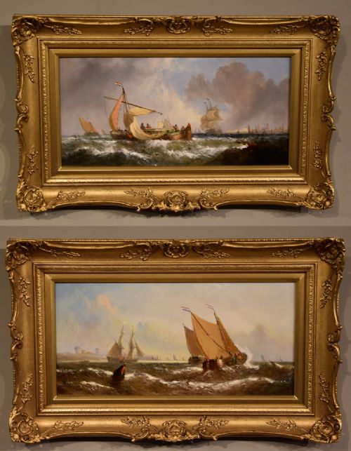 oil painting pair by william calcott knell fishing boats of the dutch coast - CATEGORY: ANTIQUE ART - DATED 19TH CENTURY
