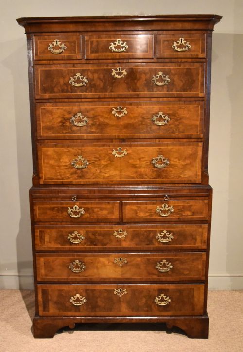 george ii veneered walnut chest on chest tallboy - CATEGORY: ANTIQUE CHEST OF DRAWERS - DATED 19TH CENTURY