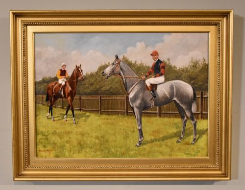 OIL PAINTING PAIR BY WALTER VERNON RACEHORSE SCENES - ADDITIONAL PHOTO 1